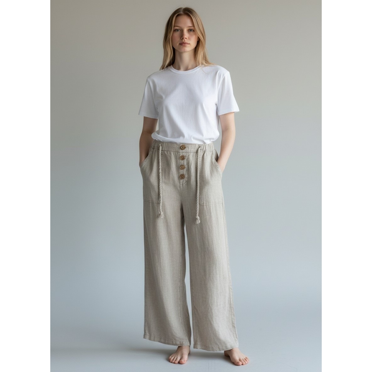Linen Blend Wide Leg Drawstring Pants Beige Button Fly Front Pocket Trousers